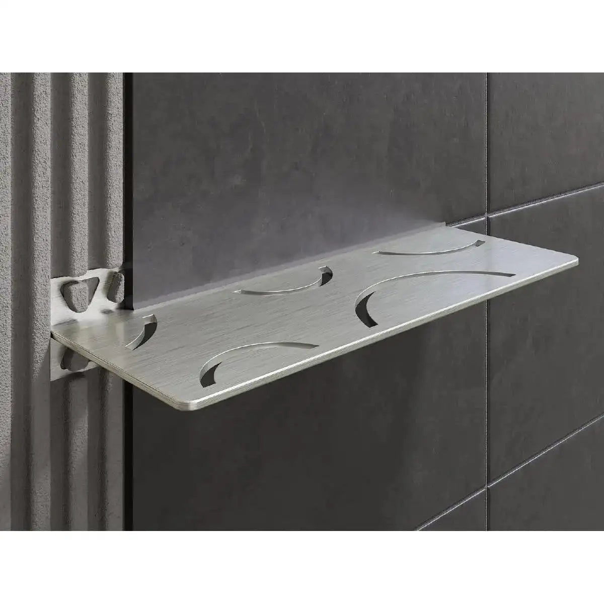 Schluter system SHELF-W is a rectangular shelf with two trapezoid-perforated anchoring legs for installation on walls in conjunction behind the tile