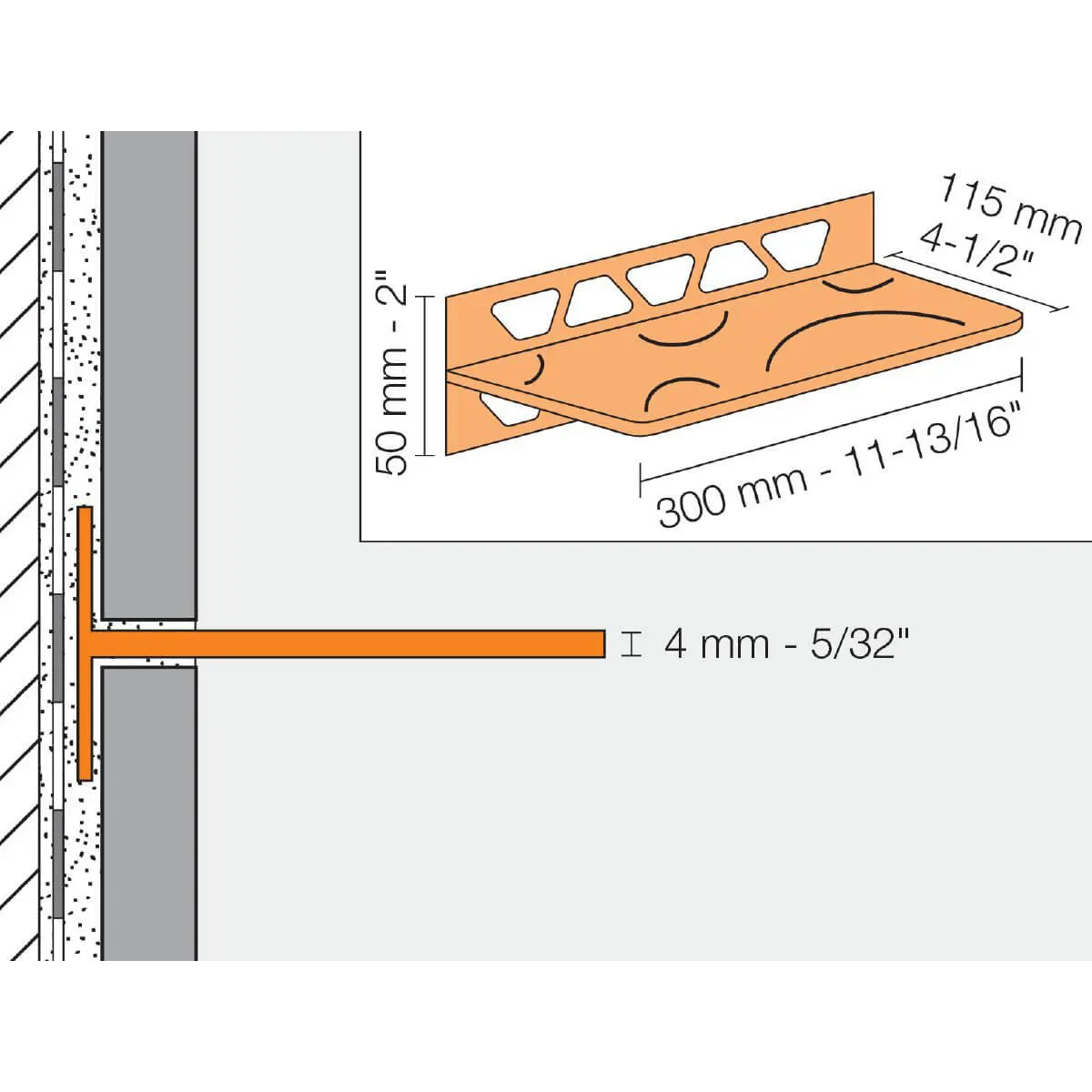 Schluter SHELF-W Shower Shelves installation diagram drawing with size