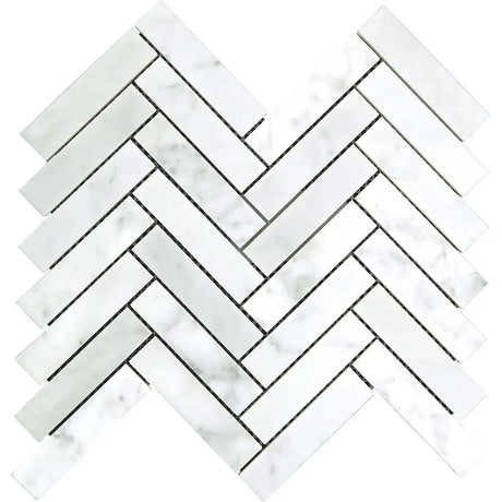 Interceramic Marble White Carrara 1" x 4" Herringbone Mosaic Polished 12" x 10" Sheet