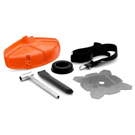 husqvarna blade conversion kit, 537048502, barrier bar, shoulder strap, suspension eyelet, blade locknut, support flange, 255-4 grass Blade, support cup, combination guard