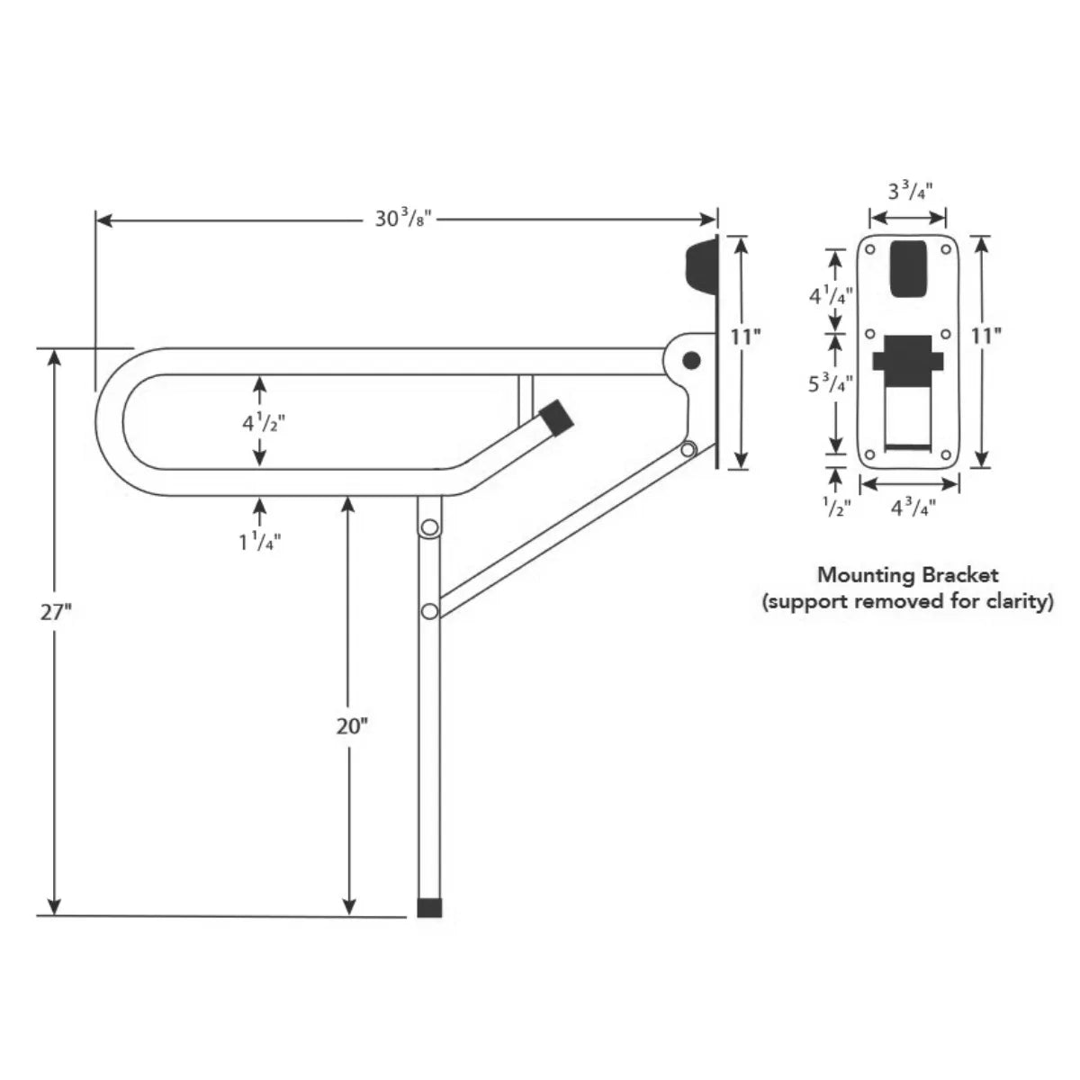 Arc Inc Fold-Up Support Bars fixed white dimensions