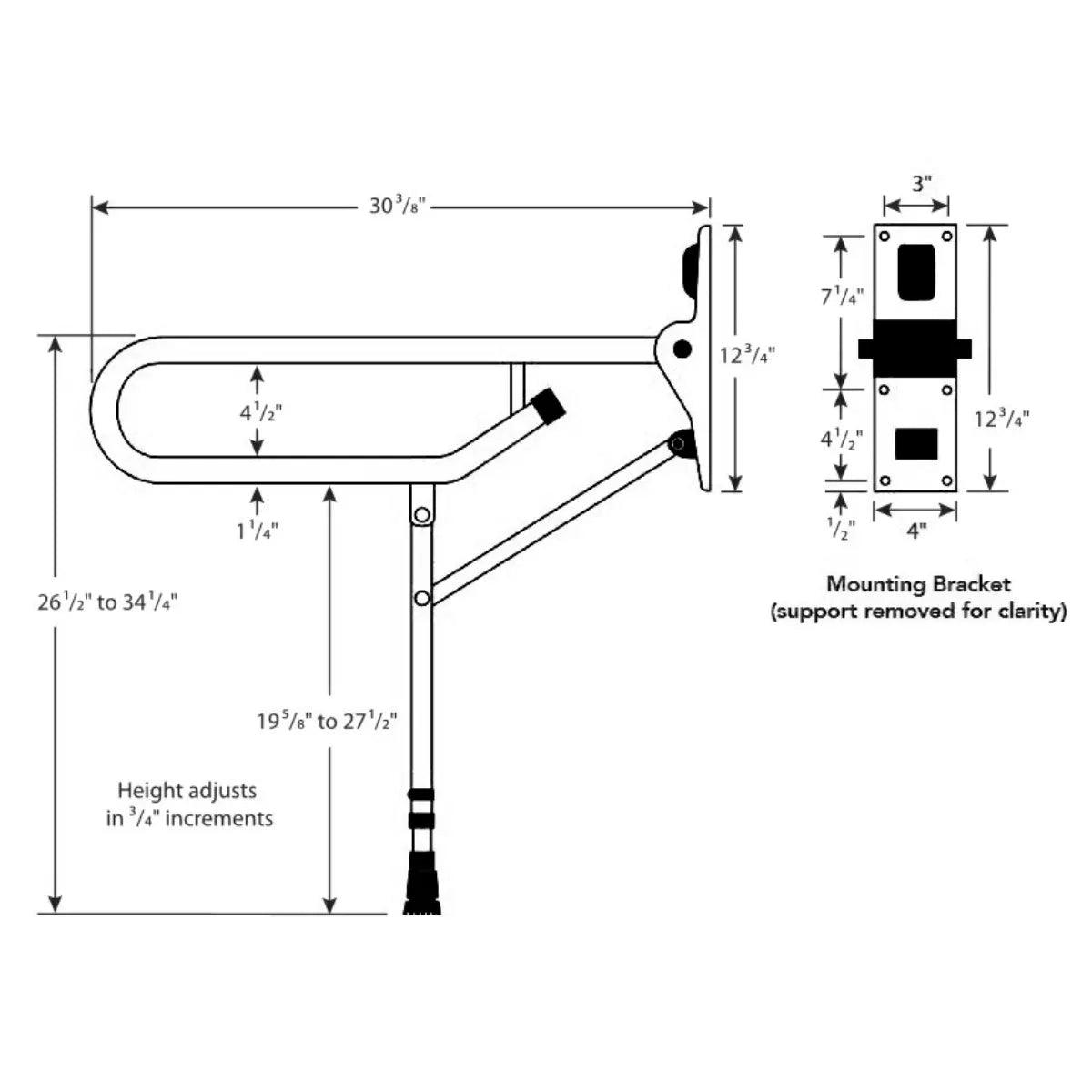 Arc Inc Fold-Up Support Bar blue dimensions