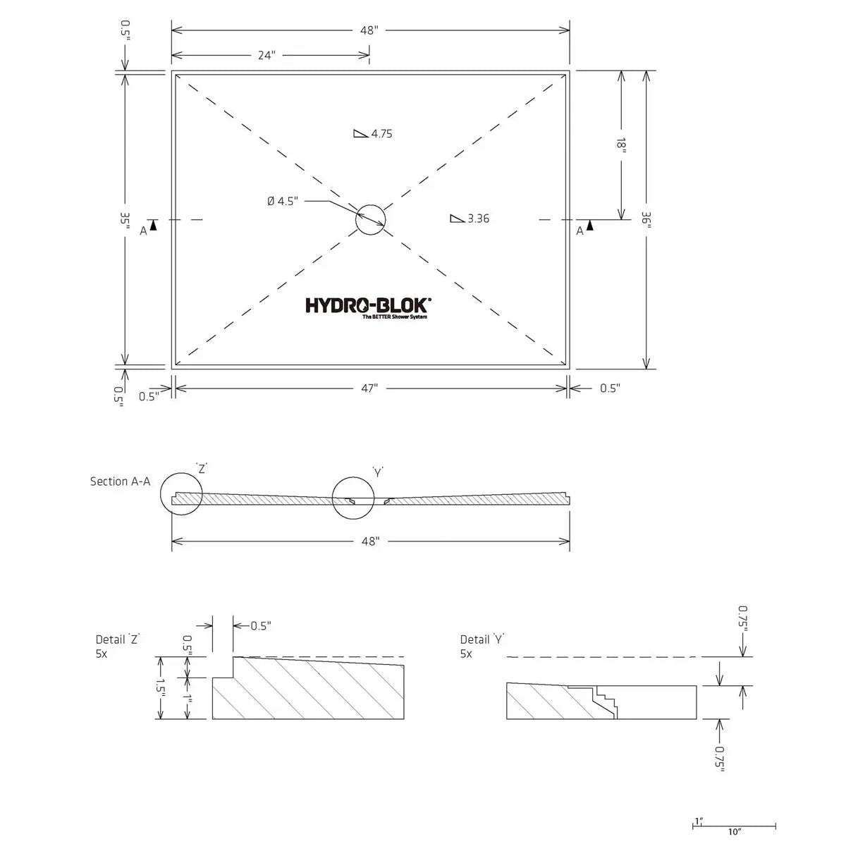 Hydro-Blok Classic 36" x 48" Shower Pan technical drawing