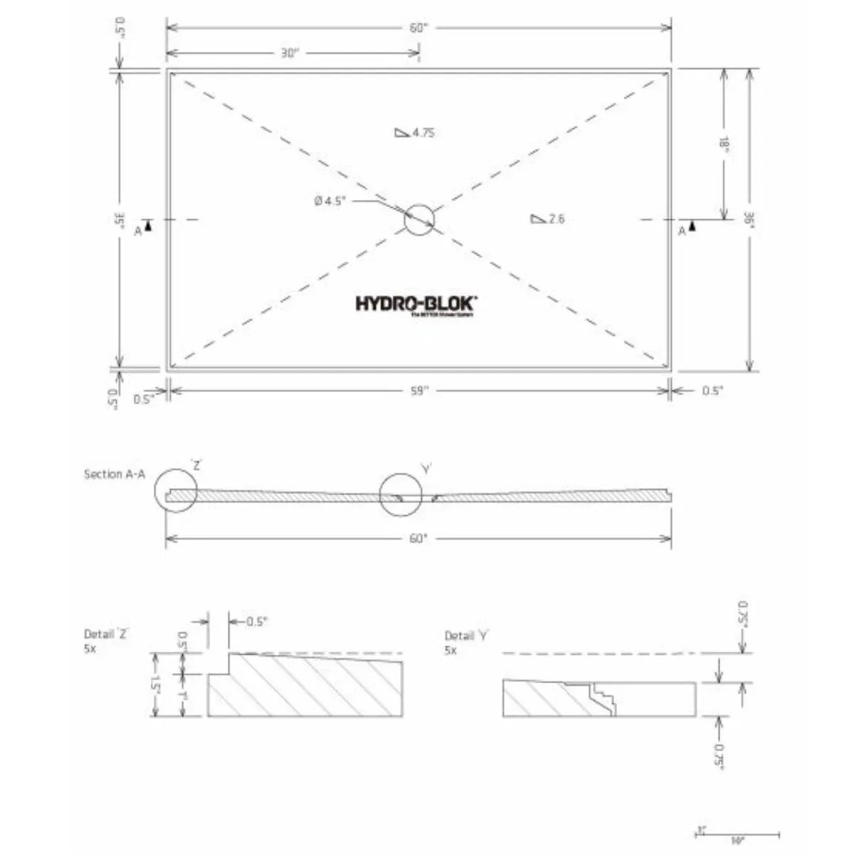 Hydro-Blok Classic 36" x 60" Shower Pan w/Drain technical drawing