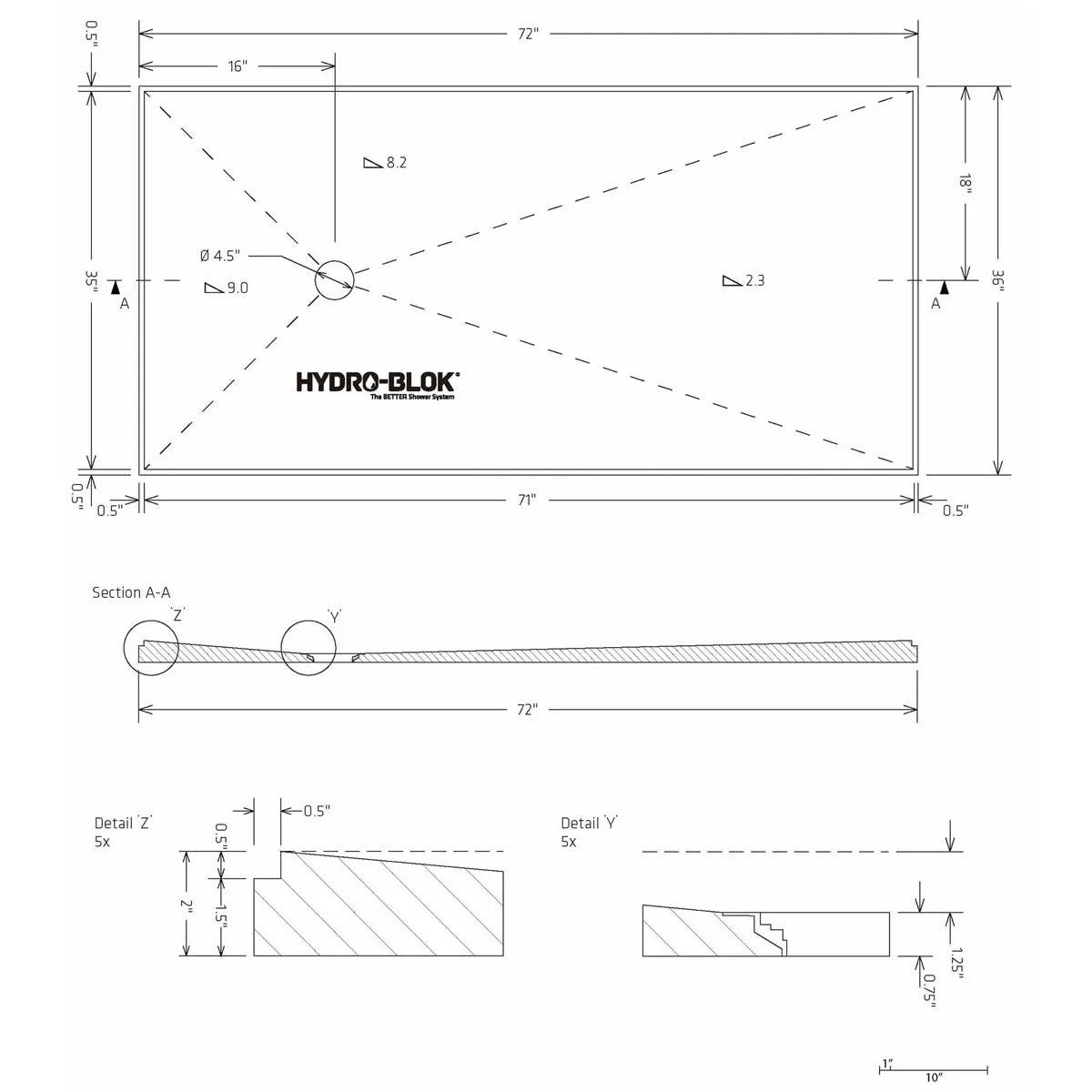 Hydro-Blok Classic 36" x 72" Shower Pan w/ Offset Drain technical drawing