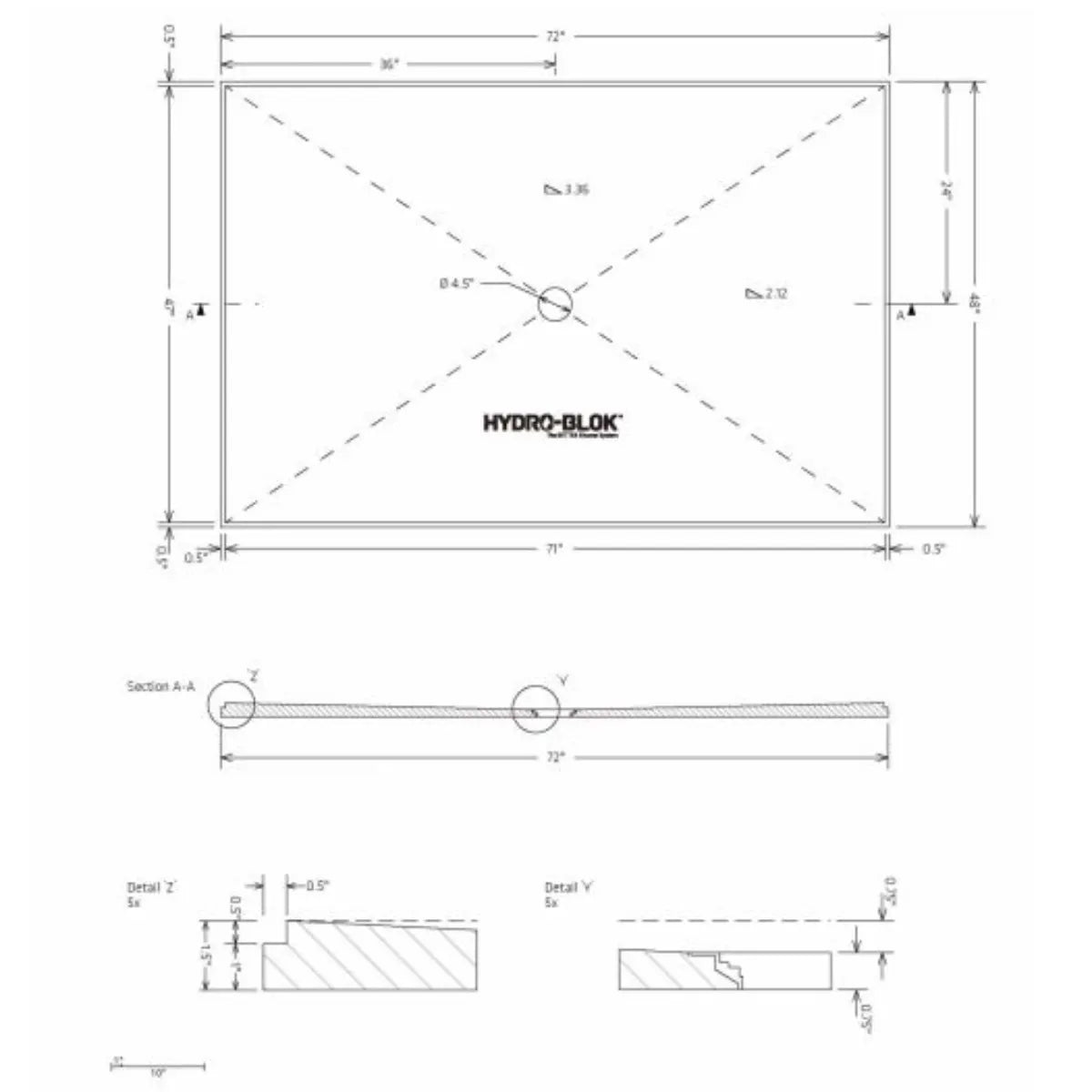 Hydro-Blok Classic 48" x 72" Shower Pan w/Drain technical drawing