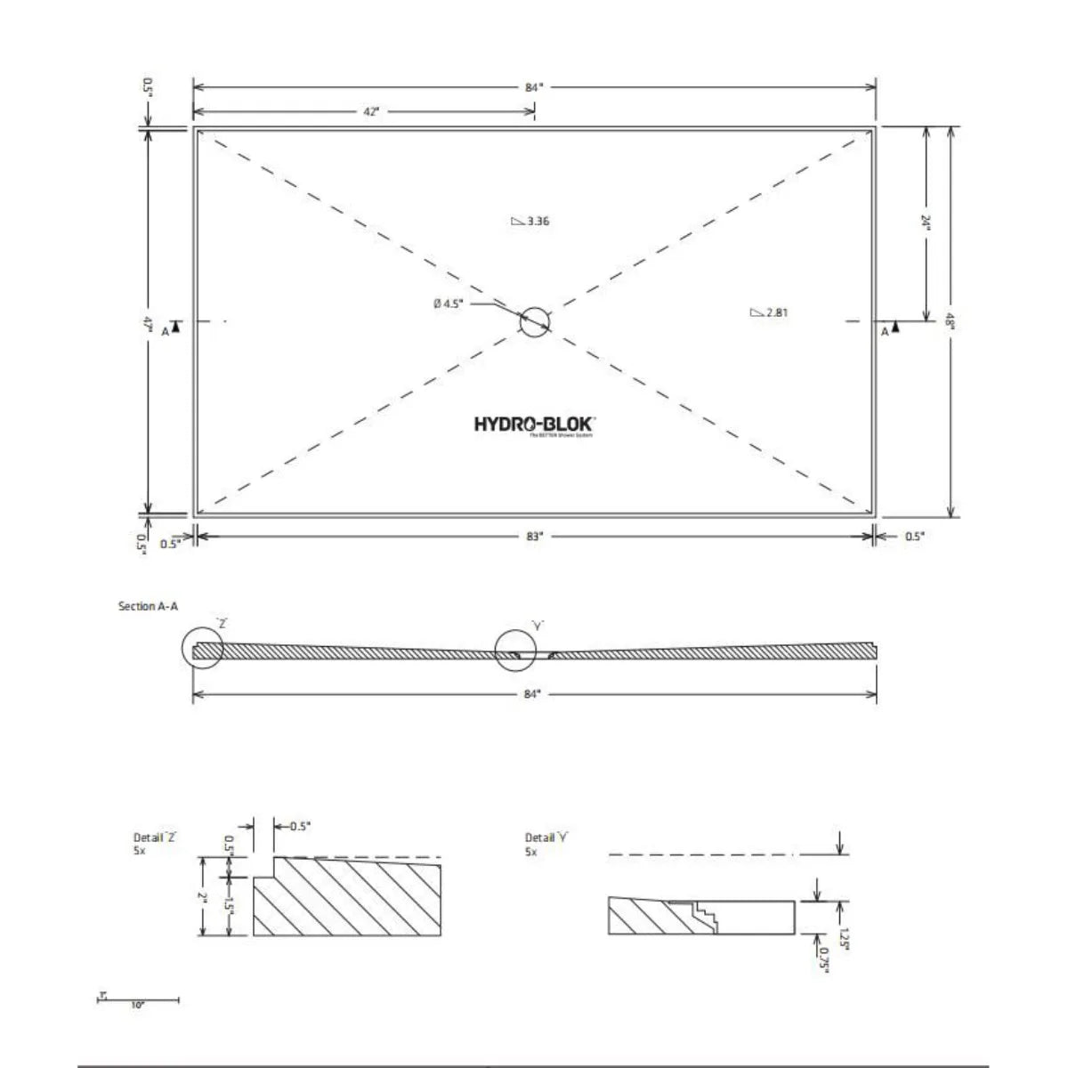 Hydro-Blok Classic 48" x 84" Shower Pan w/Drain technical drawing