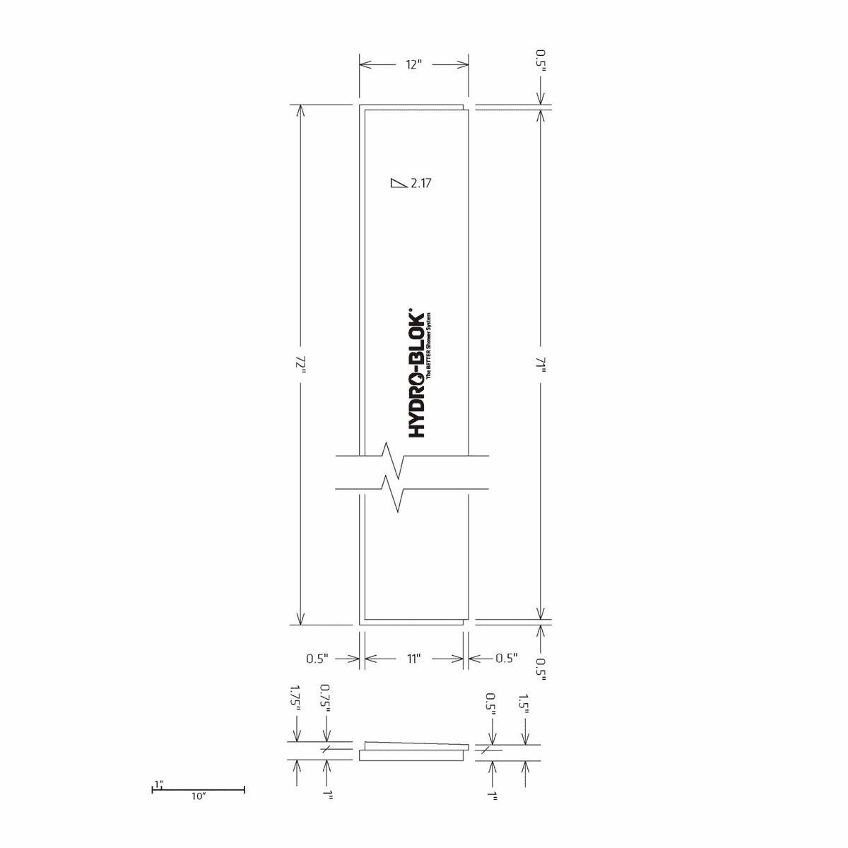 Hydro-Blok Classic Shower Presloped 12" x 72" Pan Extension technical drawing