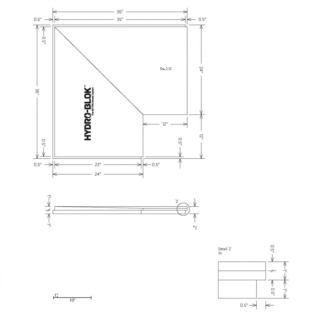 Hydro-Blok Classic Shower Presloped 36" x 36" Corner Pan Extension technical drawing