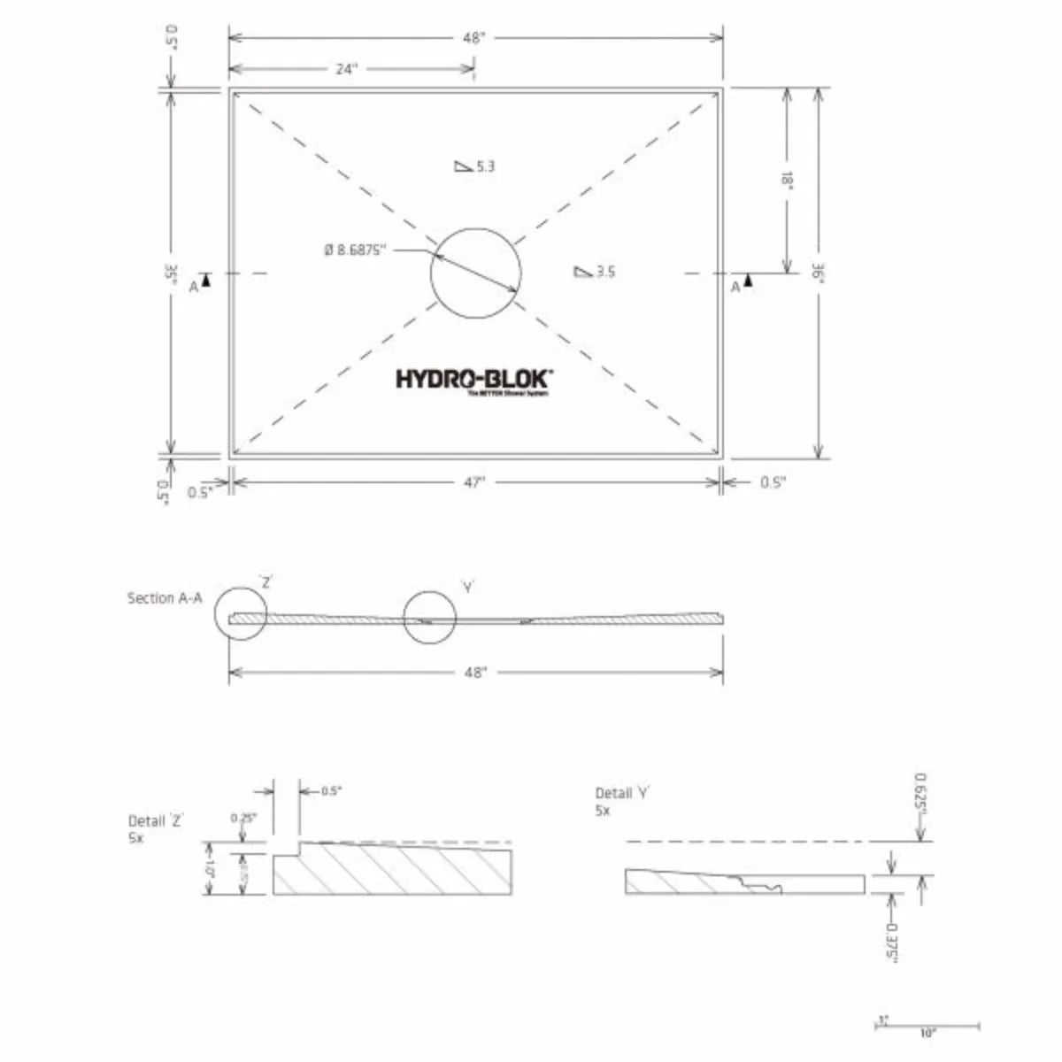 Hydro-Blok 36" x 48" Low Profile Center Drain Shower Pan technical drawing