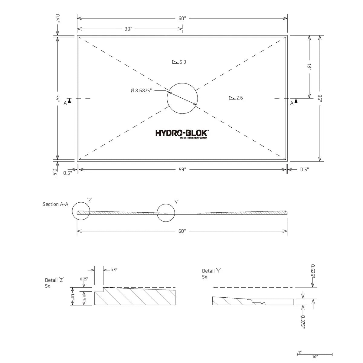 Hydro-Blok Low Profile 36" x 60" Shower Pan w/Drain technical drawing