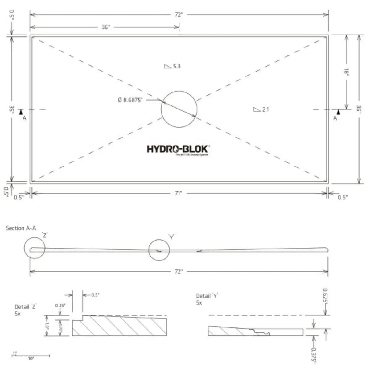 Hydro-Blok Low Profile 36" x 72" Shower Pan w/Drain technical drawing