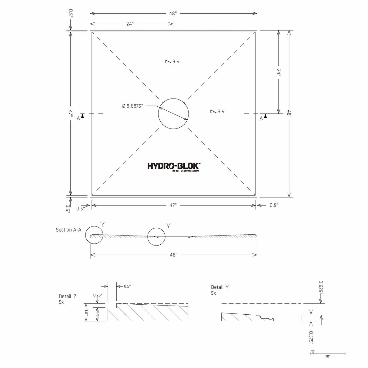 Hydro-Blok Low Profile 48" x 48" Shower Pan w/Drain technical drawing