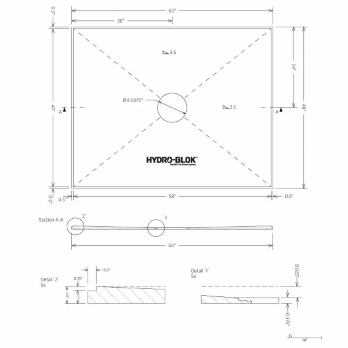 Hydro-Blok Low Profile 48" x 60" Shower Pan w/Drain technical drawing