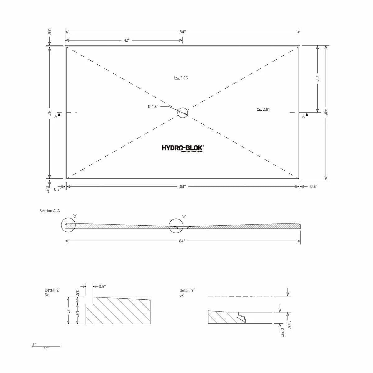 Hydro-Blok Low Profile 60" x 84" Shower Pan w/Drain technical drawing