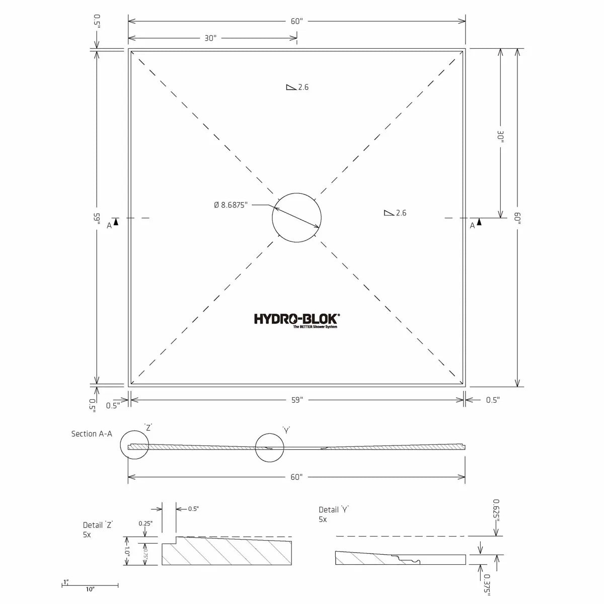 Hydro-Blok Low Profile 60" x 60" Shower Pan w/Drain technical drawing