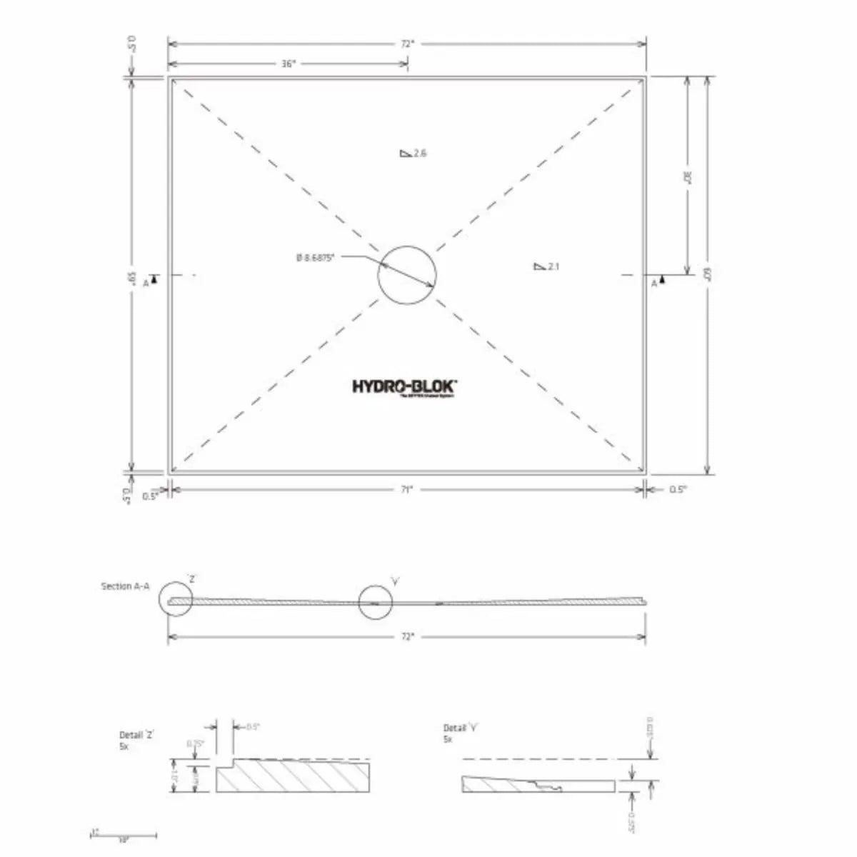 Hydro-Blok 60" x 84" Low Profile Shower Pan w/Drain technical drawing