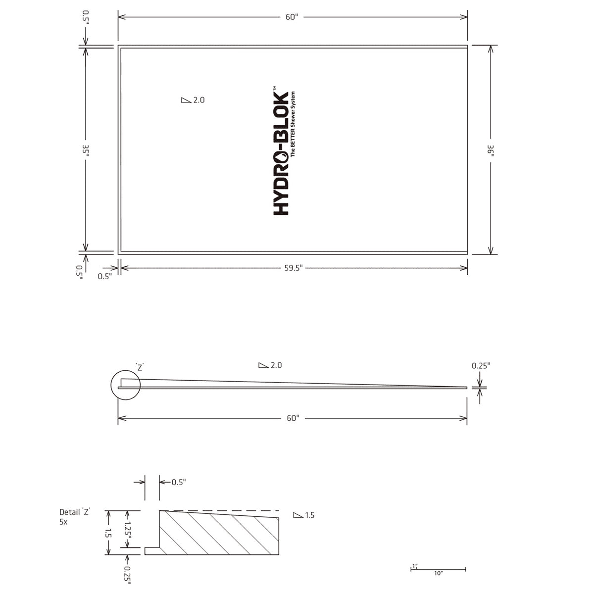 Hydro-Blok Thin Single Slope 36" x 60" Shower Pan technical drawing