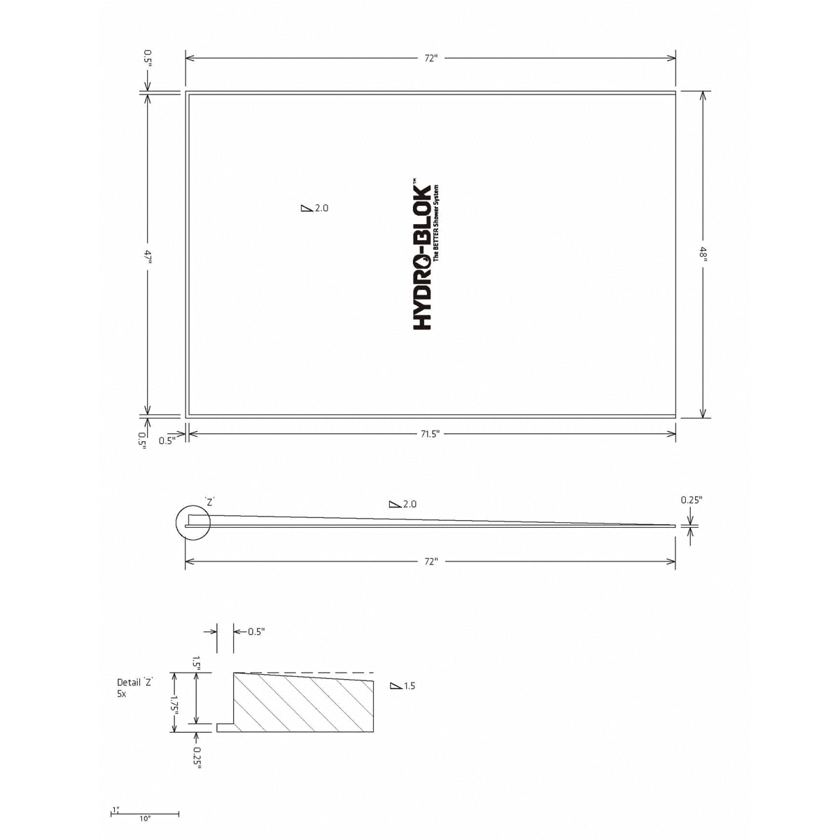 Hydro-Blok Thin Single Slope 48" x 72" Shower Pan technical drawing