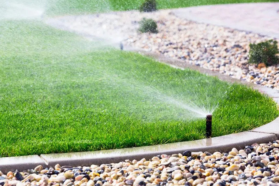 sprinklers running watering home lawn